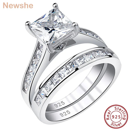 Newshe 2 Pieces Classic Wedding Rings Set for Women 7*7mm Princess Cut AAAAA Zircon 925 Sterling Silver Engagement Ring Jewelry(Shipping 10-14 Days)