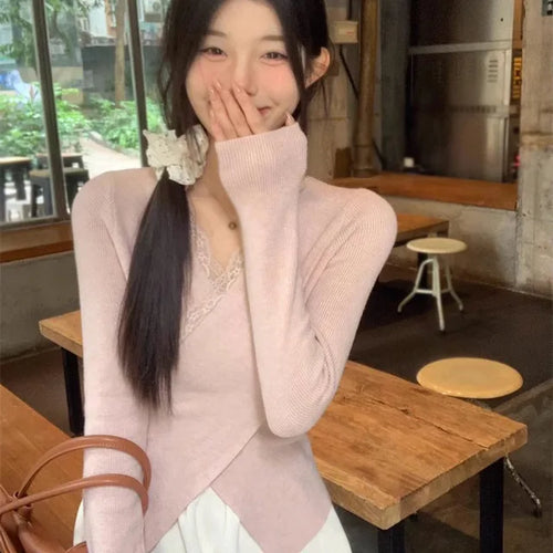 Load image into Gallery viewer, Women's Knitted Tops Autumn Winter Solid Color V Neck Lace Splicing Slim Fashion Temperament Knitted Long Sleeves Tops(Shipping 10-14 Days)
