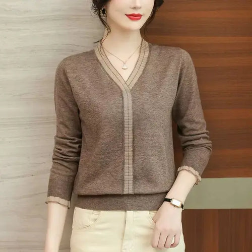 Load image into Gallery viewer, Women Ruffled Mesh Lace Patchwork Elegant Knitwears Spring Autumn Fashion V Neck Long Sleeve Pullover Knitted Tops Ropa De Mujer(Shipping 10-14 Days)
