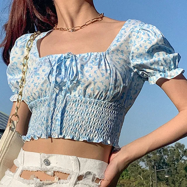 Women's Summer Puff Sleeve Ruched T-Shirt Butterfly Print Square Collar Ruffles Tie-Up Slim Fit Crop Tops Female Blouse Shirts(Shipping 10-14 Days)