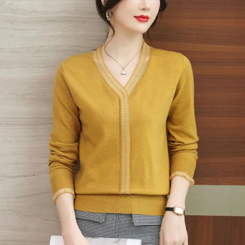 Load image into Gallery viewer, Women Ruffled Mesh Lace Patchwork Elegant Knitwears Spring Autumn Fashion V Neck Long Sleeve Pullover Knitted Tops Ropa De Mujer(Shipping 10-14 Days)
