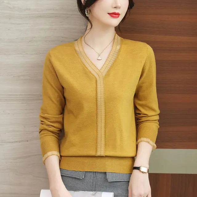 Women Ruffled Mesh Lace Patchwork Elegant Knitwears Spring Autumn Fashion V Neck Long Sleeve Pullover Knitted Tops Ropa De Mujer(Shipping 10-14 Days)