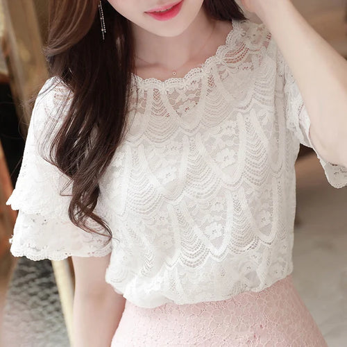 Load image into Gallery viewer, M-5XL Sweet Women Chiffon shirt 2024 Summer Short sleeved Lace Blouse Casual Hollow Out Crochet Tops(Shipping 10-14 Days)
