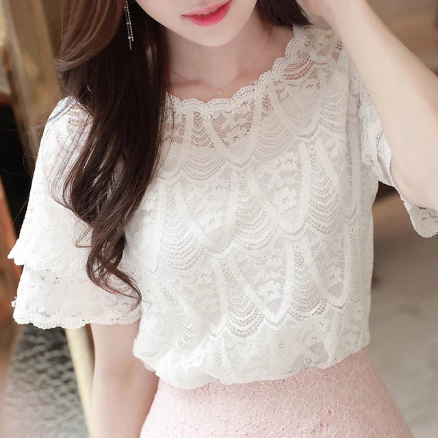 M-5XL Sweet Women Chiffon shirt 2024 Summer Short sleeved Lace Blouse Casual Hollow Out Crochet Tops(Shipping 10-14 Days)