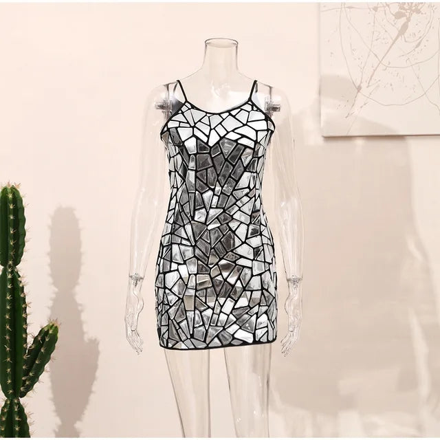 Sparkly Metallic Dresses Mini Summer Sexy Embellished Mirror Evening Shiny Dress Summer Sleeveless Backless Mini Elegant (Shipping 10-14 Days)