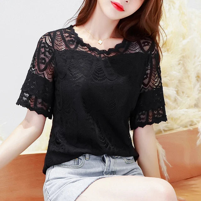 M-5XL Sweet Women Chiffon shirt 2024 Summer Short sleeved Lace Blouse Casual Hollow Out Crochet Tops(Shipping 10-14 Days)