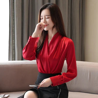 Deep V-neck Satin Blouses Women Chiffon Shirts Solid Elegant Female Office Lady Tops White Red Ladies Clothes Long Sleeve 2022 ( Shipping 10-14 Days )