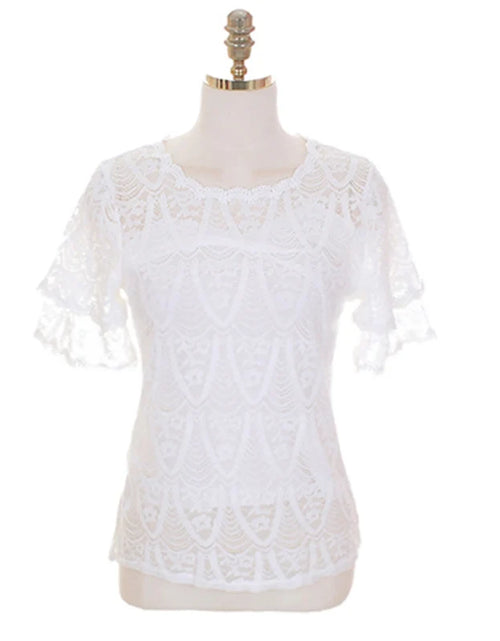 Load image into Gallery viewer, M-5XL Sweet Women Chiffon shirt 2024 Summer Short sleeved Lace Blouse Casual Hollow Out Crochet Tops(Shipping 10-14 Days)
