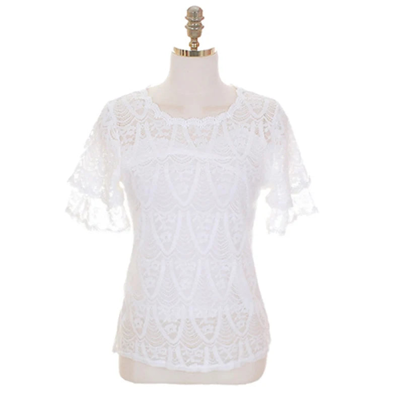 M-5XL Sweet Women Chiffon shirt 2024 Summer Short sleeved Lace Blouse Casual Hollow Out Crochet Tops(Shipping 10-14 Days)