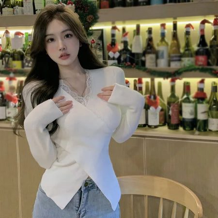 Women's Knitted Tops Autumn Winter Solid Color V Neck Lace Splicing Slim Fashion Temperament Knitted Long Sleeves Tops(Shipping 10-14 Days)