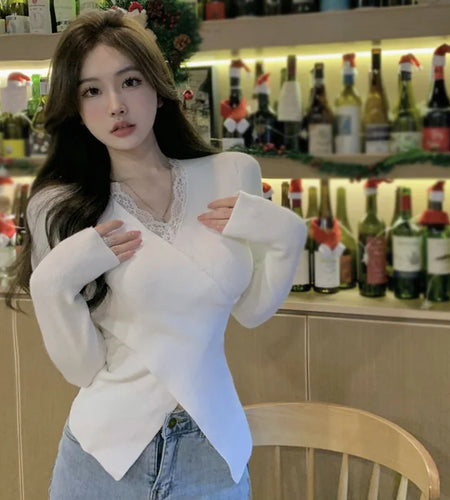Women's Knitted Tops Autumn Winter Solid Color V Neck Lace Splicing Slim Fashion Temperament Knitted Long Sleeves Tops(Shipping 10-14 Days)