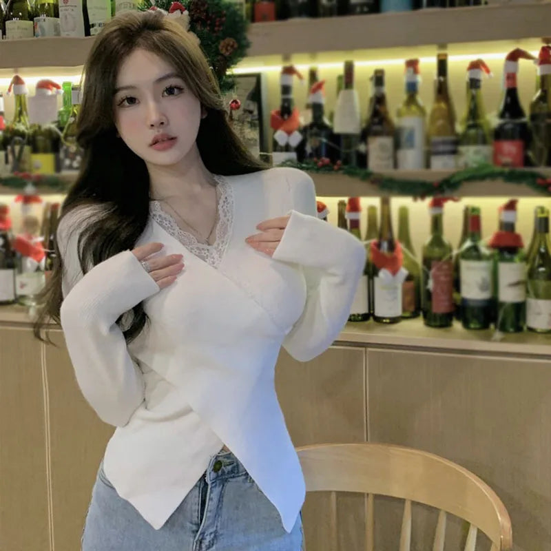 Women's Knitted Tops Autumn Winter Solid Color V Neck Lace Splicing Slim Fashion Temperament Knitted Long Sleeves Tops(Shipping 10-14 Days)