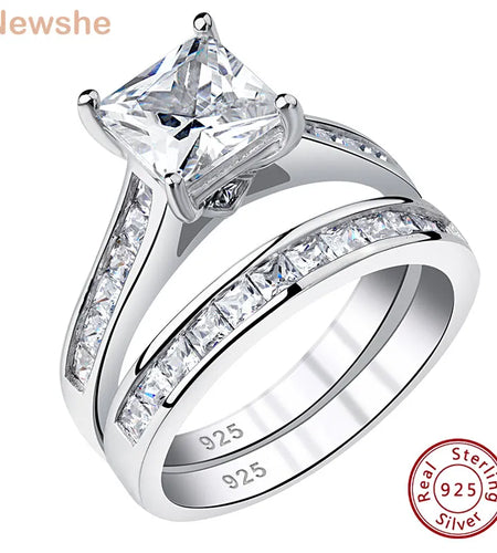 Newshe 2 Pieces Classic Wedding Rings Set for Women 7*7mm Princess Cut AAAAA Zircon 925 Sterling Silver Engagement Ring Jewelry(Shipping 10-14 Days)