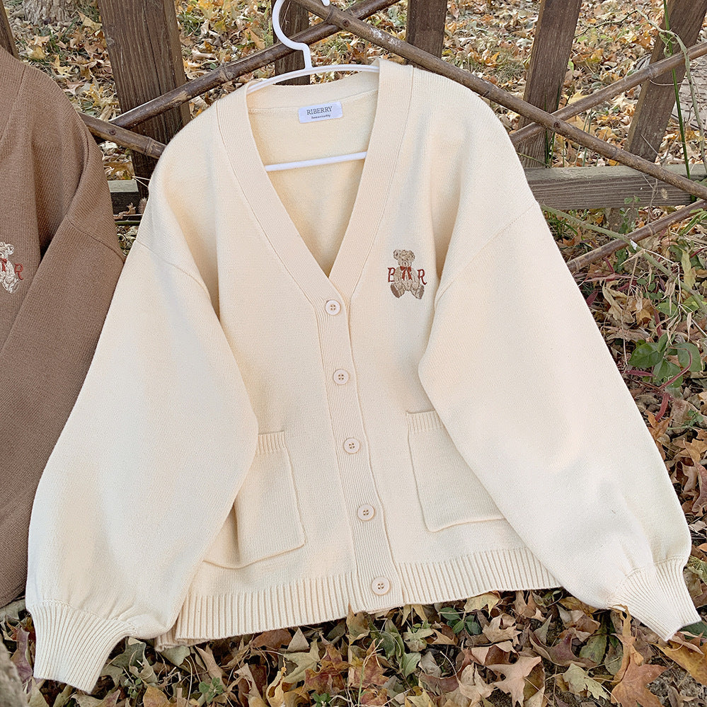 Cute Bear Embroidery Cardigan(Shipping 10-14 Days)