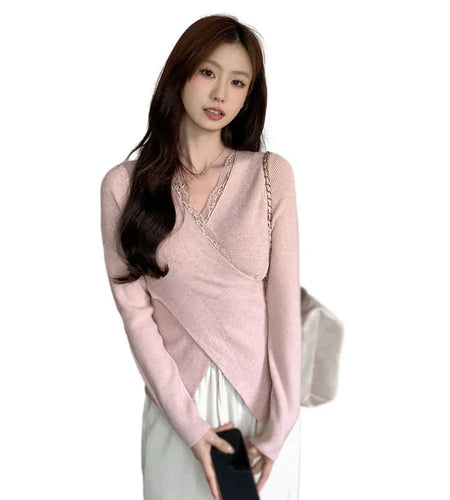 Women's Knitted Tops Autumn Winter Solid Color V Neck Lace Splicing Slim Fashion Temperament Knitted Long Sleeves Tops(Shipping 10-14 Days)