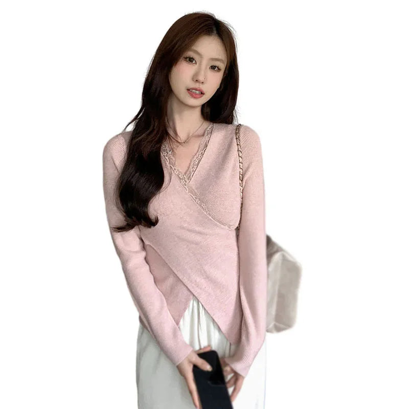 Women's Knitted Tops Autumn Winter Solid Color V Neck Lace Splicing Slim Fashion Temperament Knitted Long Sleeves Tops(Shipping 10-14 Days)