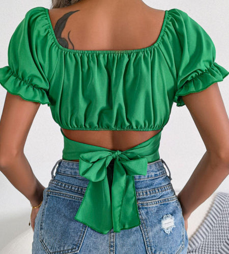 Square Neck Crisscross Flounce Sleeve Cropped Top(Shipping 10-14 Days)