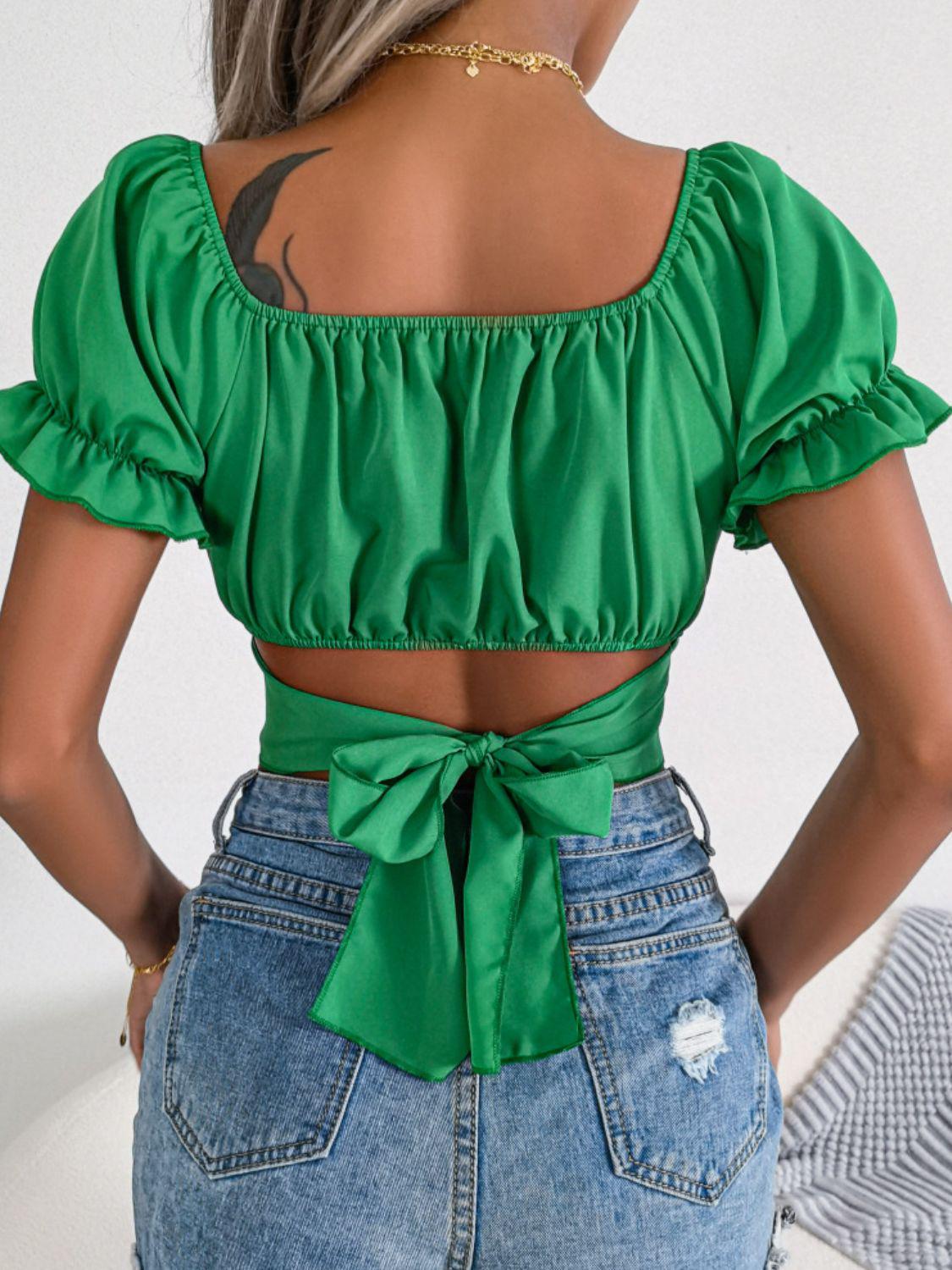 Square Neck Crisscross Flounce Sleeve Cropped Top(Shipping 10-14 Days)