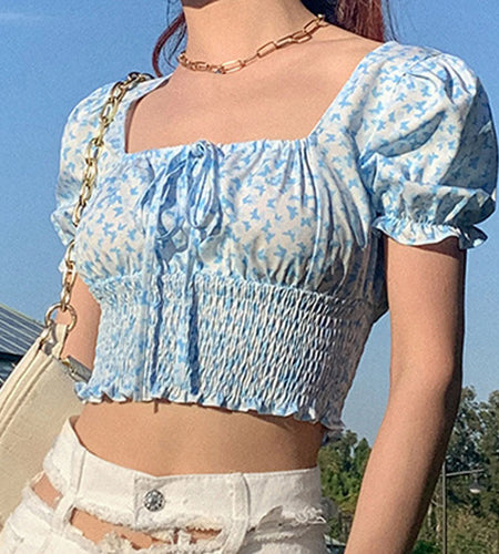 Women's Summer Puff Sleeve Ruched T-Shirt Butterfly Print Square Collar Ruffles Tie-Up Slim Fit Crop Tops Female Blouse Shirts(Shipping 10-14 Days)