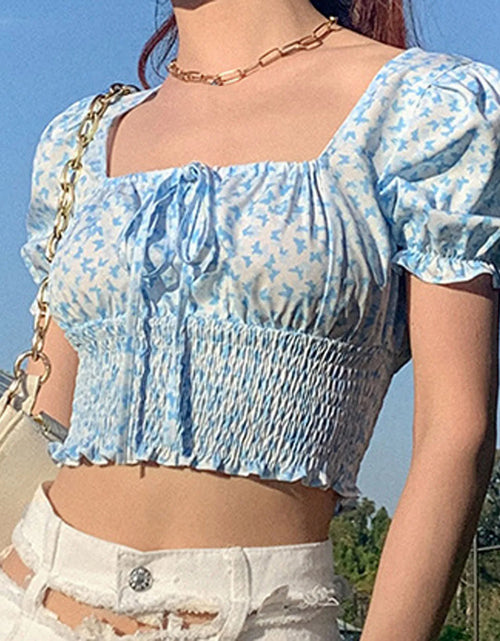 Load image into Gallery viewer, Women's Summer Puff Sleeve Ruched T-Shirt Butterfly Print Square Collar Ruffles Tie-Up Slim Fit Crop Tops Female Blouse Shirts(Shipping 10-14 Days)
