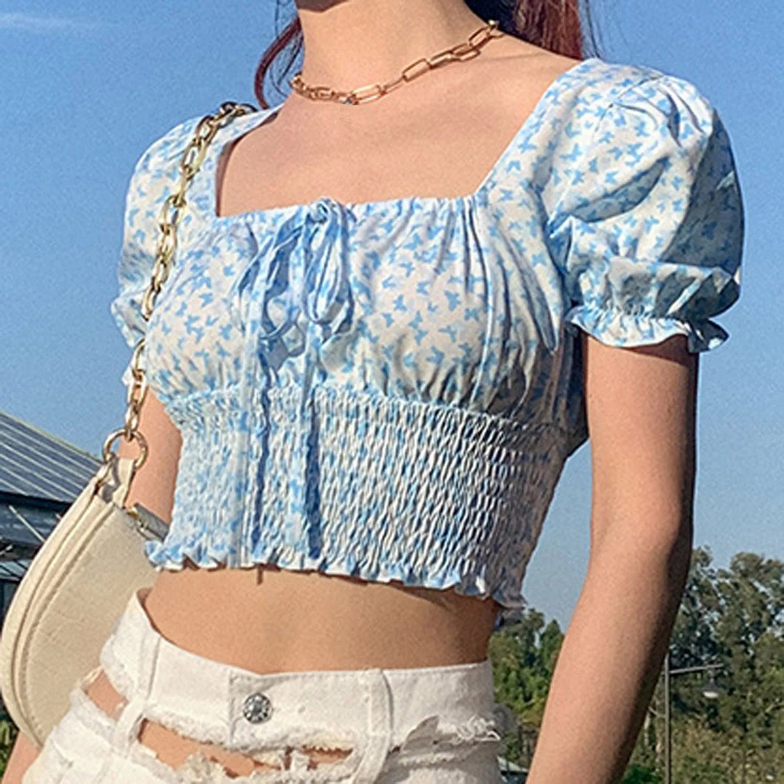 Women's Summer Puff Sleeve Ruched T-Shirt Butterfly Print Square Collar Ruffles Tie-Up Slim Fit Crop Tops Female Blouse Shirts(Shipping 10-14 Days)