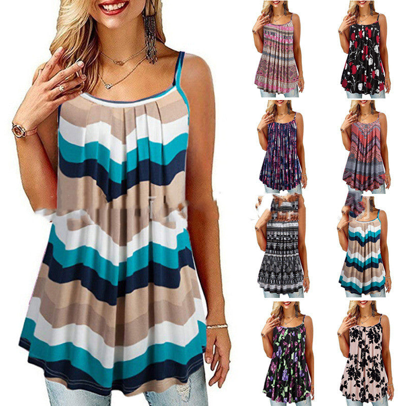 Women's Printed Pleated Wide Hem Loose Camisole(Shipping 10-14 Days)
