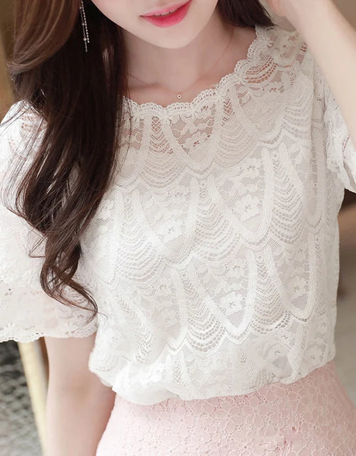 Load image into Gallery viewer, M-5XL Sweet Women Chiffon shirt 2024 Summer Short sleeved Lace Blouse Casual Hollow Out Crochet Tops(Shipping 10-14 Days)
