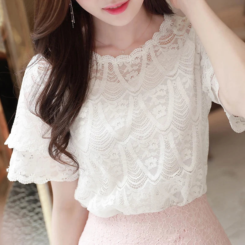 M-5XL Sweet Women Chiffon shirt 2024 Summer Short sleeved Lace Blouse Casual Hollow Out Crochet Tops(Shipping 10-14 Days)