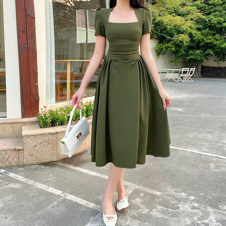 Women's Long Dresses New Top Pure Color Casual Temperament Elegant Extended Vintage Tea Break Short Sleeve Long Dresses(Shipping 10-14 Days)