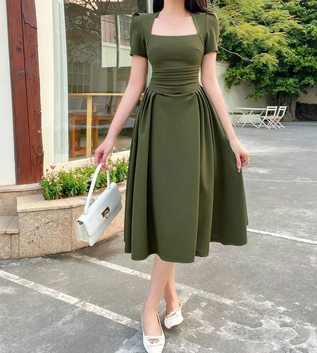 Women's Long Dresses New Top Pure Color Casual Temperament Elegant Extended Vintage Tea Break Short Sleeve Long Dresses(Shipping 10-14 Days)