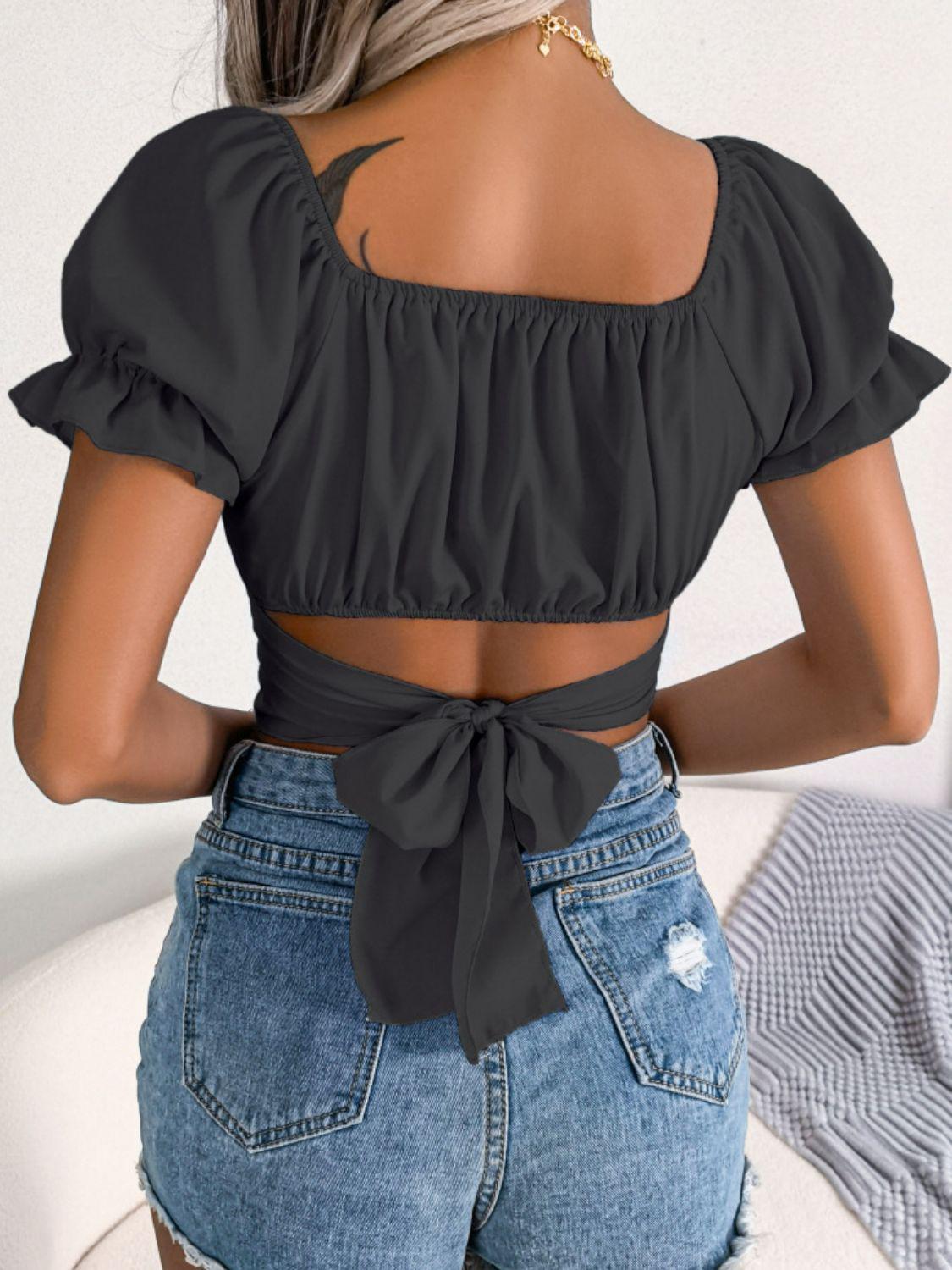 Square Neck Crisscross Flounce Sleeve Cropped Top(Shipping 10-14 Days)