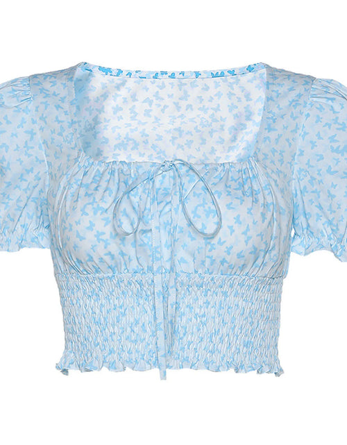 Load image into Gallery viewer, Women's Summer Puff Sleeve Ruched T-Shirt Butterfly Print Square Collar Ruffles Tie-Up Slim Fit Crop Tops Female Blouse Shirts(Shipping 10-14 Days)
