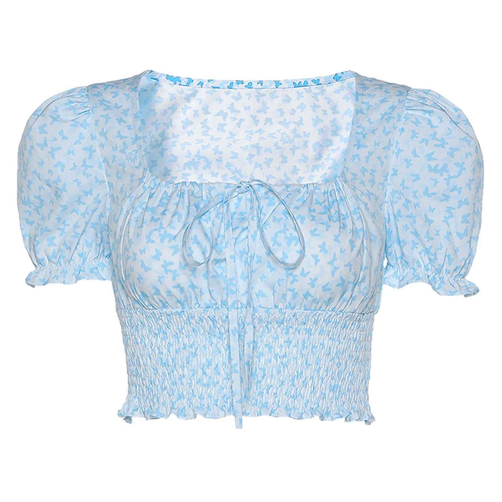 Women's Summer Puff Sleeve Ruched T-Shirt Butterfly Print Square Collar Ruffles Tie-Up Slim Fit Crop Tops Female Blouse Shirts(Shipping 10-14 Days)