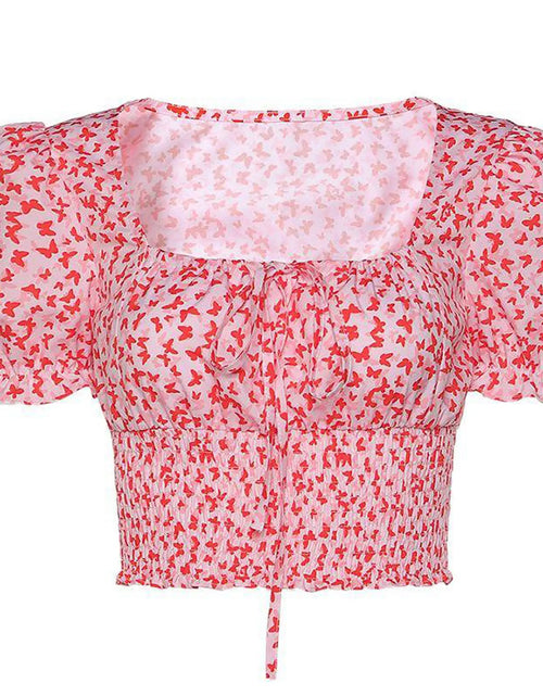 Load image into Gallery viewer, Women's Summer Puff Sleeve Ruched T-Shirt Butterfly Print Square Collar Ruffles Tie-Up Slim Fit Crop Tops Female Blouse Shirts(Shipping 10-14 Days)
