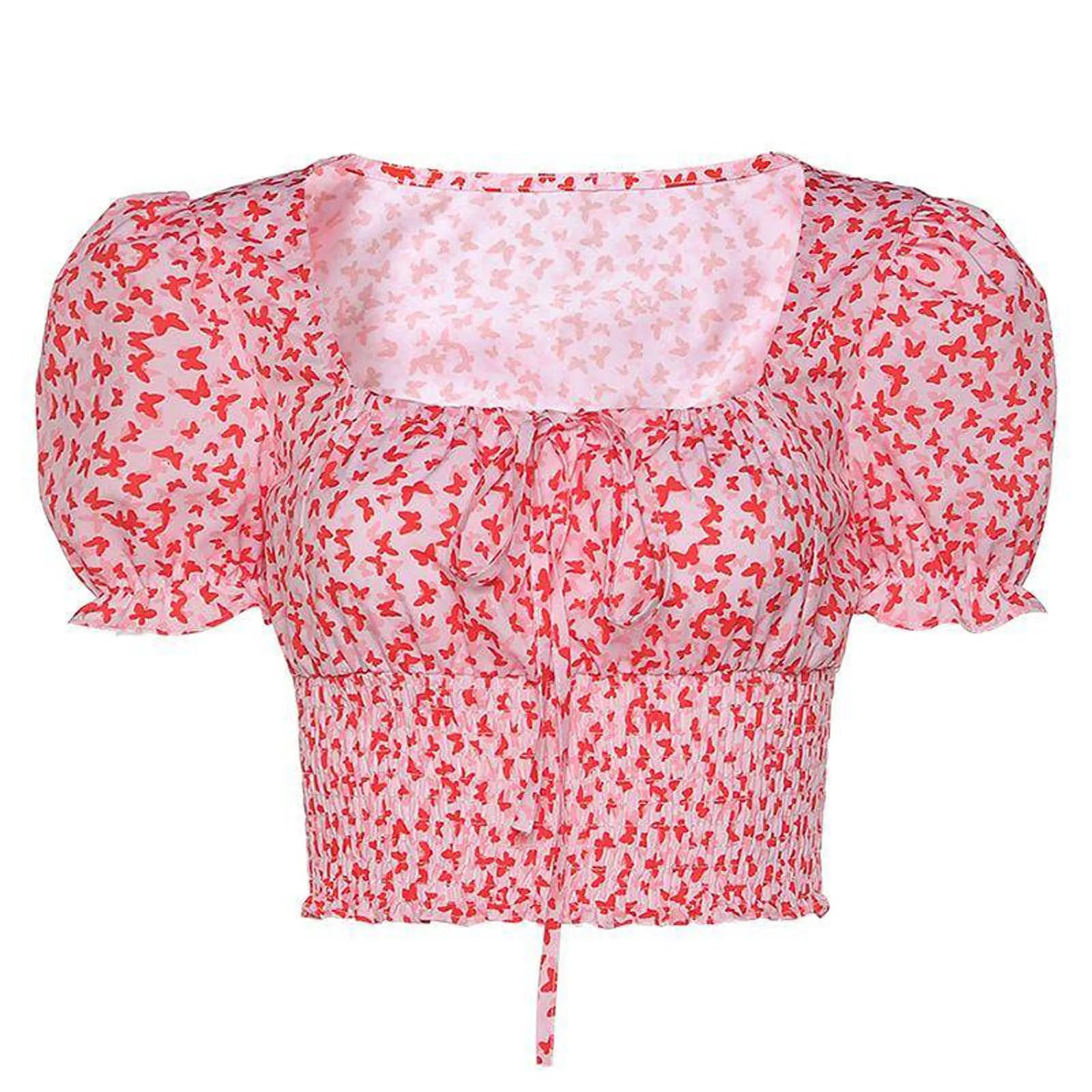 Women's Summer Puff Sleeve Ruched T-Shirt Butterfly Print Square Collar Ruffles Tie-Up Slim Fit Crop Tops Female Blouse Shirts(Shipping 10-14 Days)