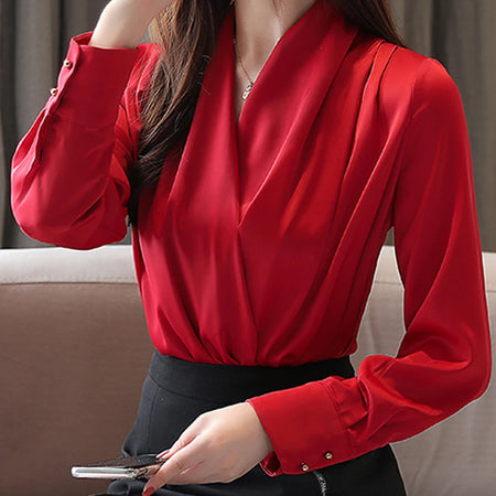 Deep V-neck Satin Blouses Women Chiffon Shirts Solid Elegant Female Office Lady Tops White Red Ladies Clothes Long Sleeve 2022 ( Shipping 10-14 Days )