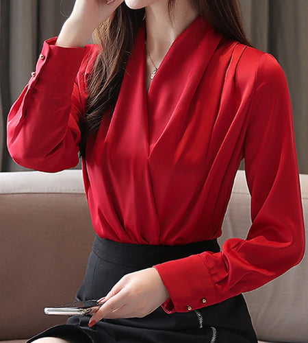 Deep V-neck Satin Blouses Women Chiffon Shirts Solid Elegant Female Office Lady Tops White Red Ladies Clothes Long Sleeve 2022 ( Shipping 10-14 Days )