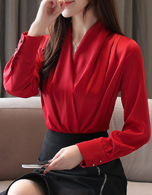 Load image into Gallery viewer, Deep V-neck Satin Blouses Women Chiffon Shirts Solid Elegant Female Office Lady Tops White Red Ladies Clothes Long Sleeve 2022 ( Shipping 10-14 Days )
