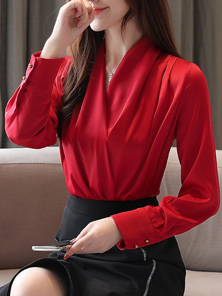 Deep V-neck Satin Blouses Women Chiffon Shirts Solid Elegant Female Office Lady Tops White Red Ladies Clothes Long Sleeve 2022 ( Shipping 10-14 Days )