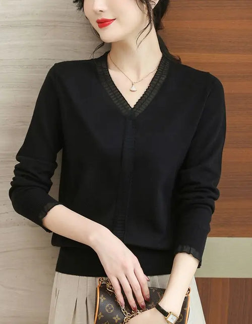 Load image into Gallery viewer, Women Ruffled Mesh Lace Patchwork Elegant Knitwears Spring Autumn Fashion V Neck Long Sleeve Pullover Knitted Tops Ropa De Mujer(Shipping 10-14 Days)
