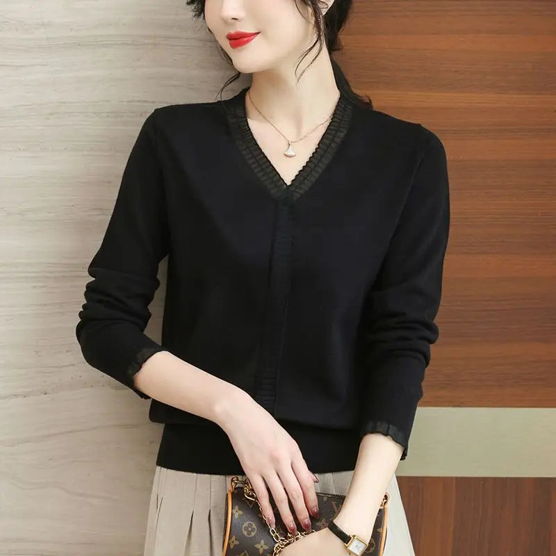 Women Ruffled Mesh Lace Patchwork Elegant Knitwears Spring Autumn Fashion V Neck Long Sleeve Pullover Knitted Tops Ropa De Mujer(Shipping 10-14 Days)