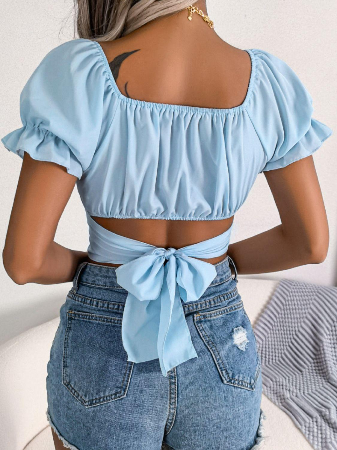 Square Neck Crisscross Flounce Sleeve Cropped Top(Shipping 10-14 Days)