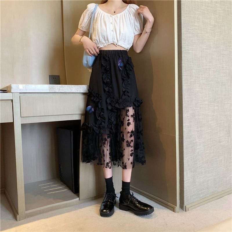 Black Lace Patchwork Skirt(Shipping 10-14 Days)