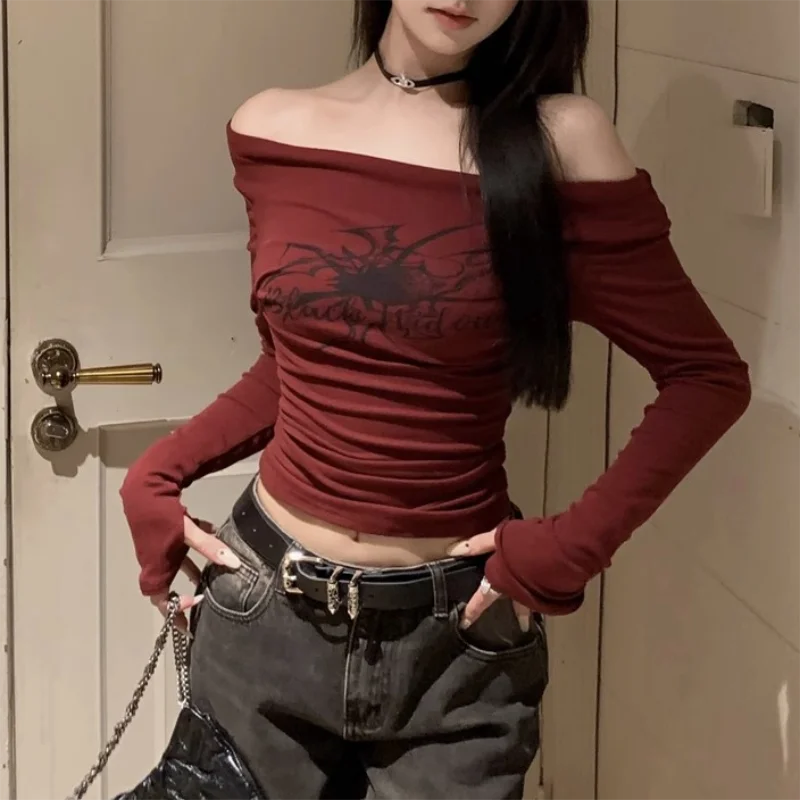 Gothic Print Grunge T Shirt Women Long Sleeve Off Shoulder Y2k Vintage Tops Streetwear Korean Style Crop Top Autumn Winter(Shipping 10-14 Days)
