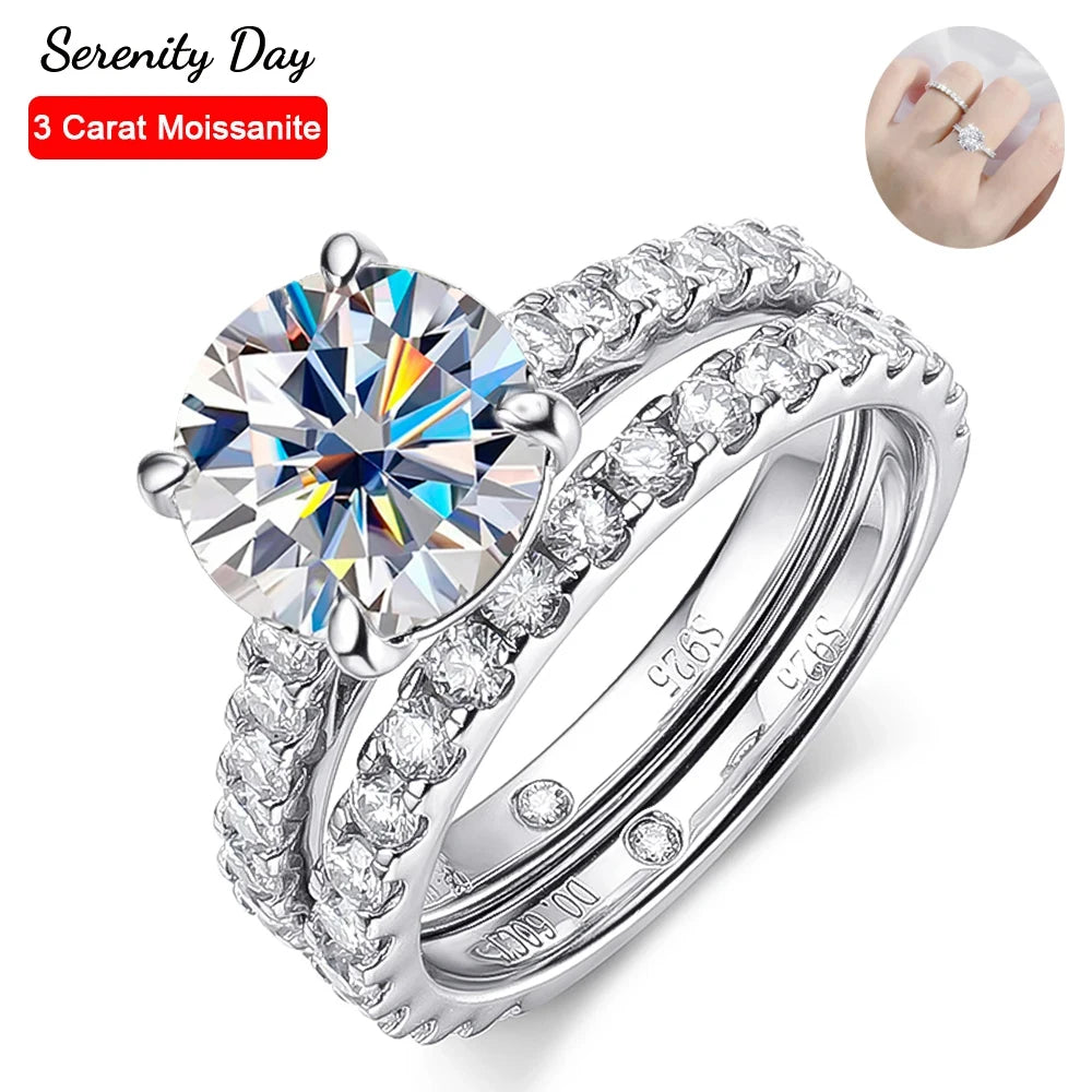 Serenty Day Four Claw D Color 9mm 3 Carat Full Moissanite Row Rings Set For Women S925 Sterling Silver Band Plated 18K (Shipping 10-14 Days)