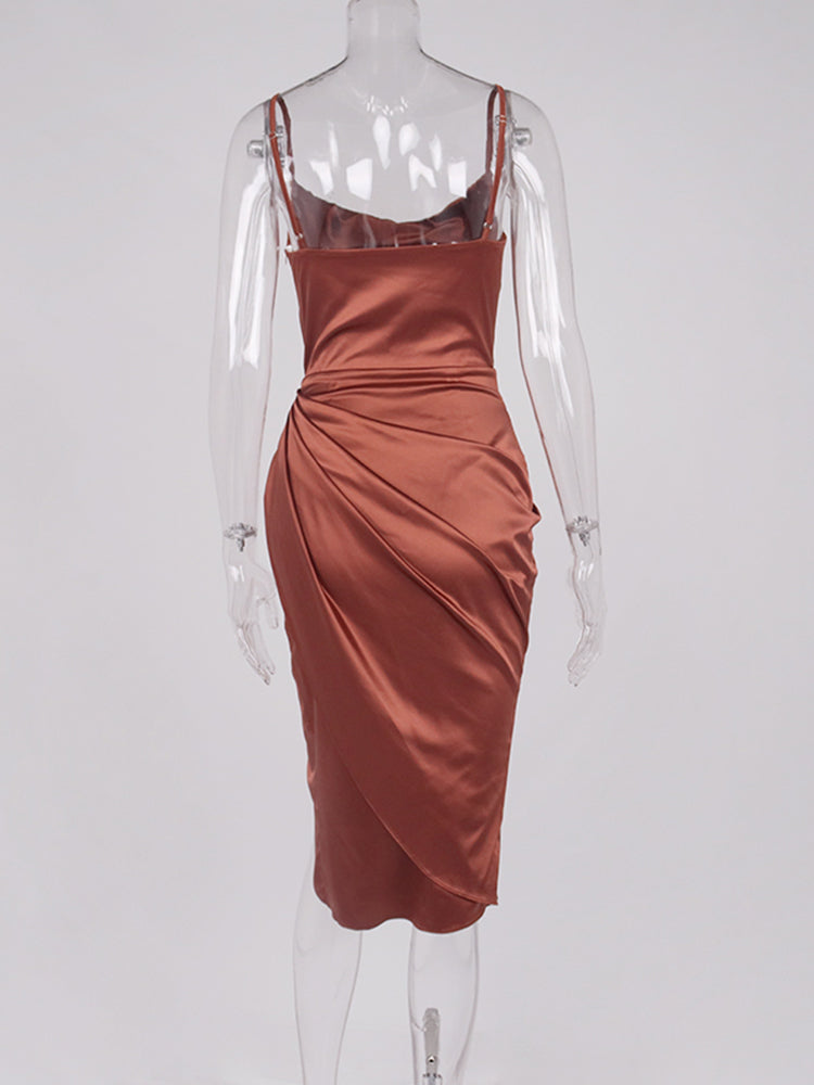 Midi Satin Dress Split Adjustable Strap(Shipping 10-14 Days)