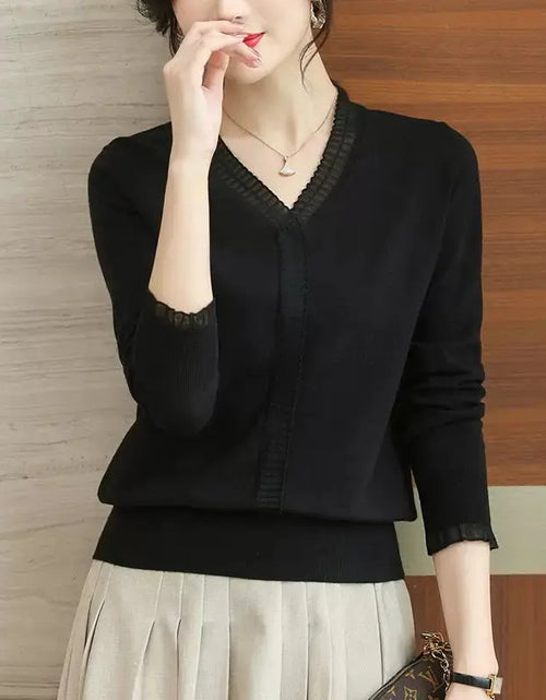 Load image into Gallery viewer, Women Ruffled Mesh Lace Patchwork Elegant Knitwears Spring Autumn Fashion V Neck Long Sleeve Pullover Knitted Tops Ropa De Mujer(Shipping 10-14 Days)
