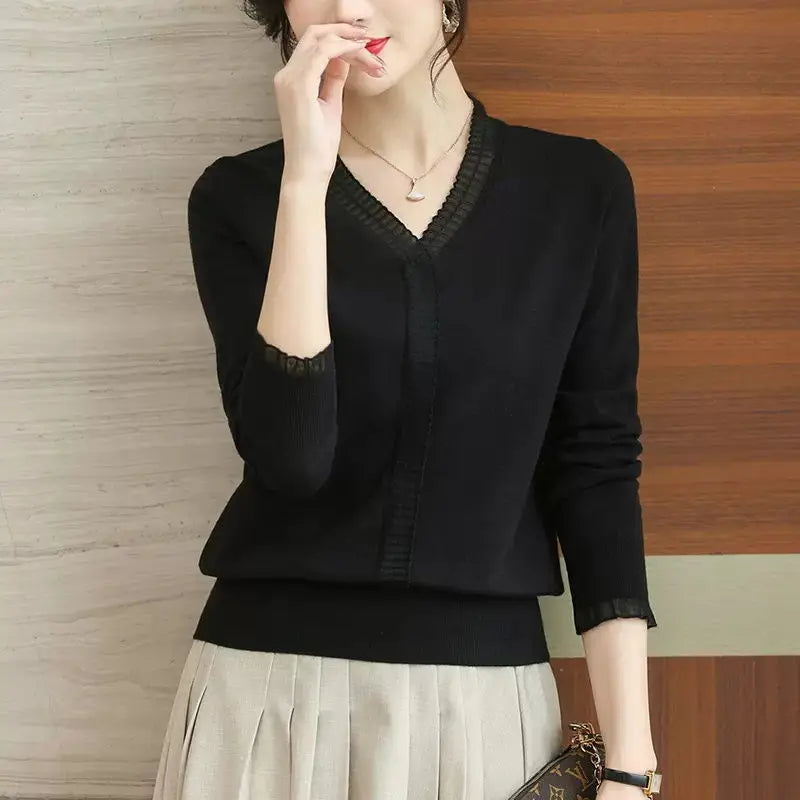Women Ruffled Mesh Lace Patchwork Elegant Knitwears Spring Autumn Fashion V Neck Long Sleeve Pullover Knitted Tops Ropa De Mujer(Shipping 10-14 Days)