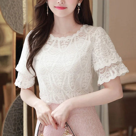 M-5XL Sweet Women Chiffon shirt 2024 Summer Short sleeved Lace Blouse Casual Hollow Out Crochet Tops(Shipping 10-14 Days)