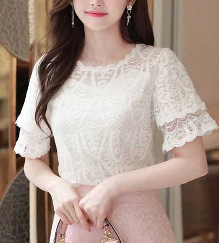 M-5XL Sweet Women Chiffon shirt 2024 Summer Short sleeved Lace Blouse Casual Hollow Out Crochet Tops(Shipping 10-14 Days)